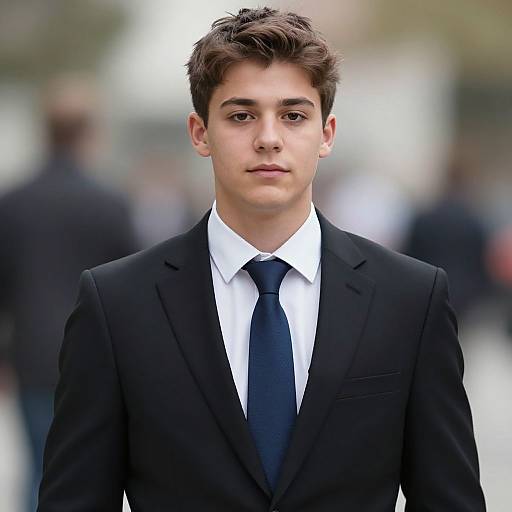 Photograph of a young man with short brown hair, fair skin, wearing a black suit, white shirt, and dark blue tie, standing in a