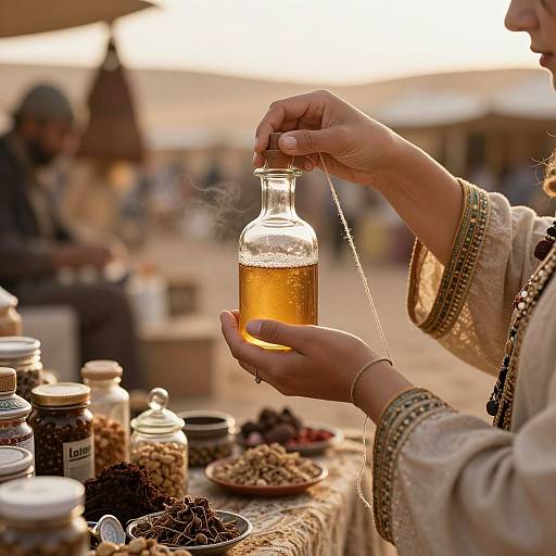 Photograph of a person holding a glass bottle of amber liquid, wearing a detailed, embroidered, beige garment, at a bustling outdoor market stall.