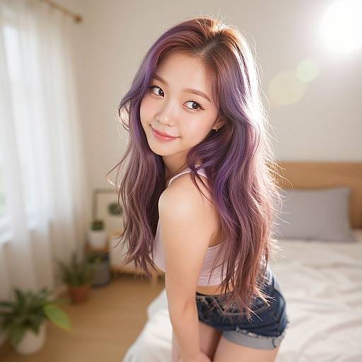 Photograph of a smiling Asian woman with long, wavy purple hair, wearing a pink crop top and denim shorts, leaning on a bed in a