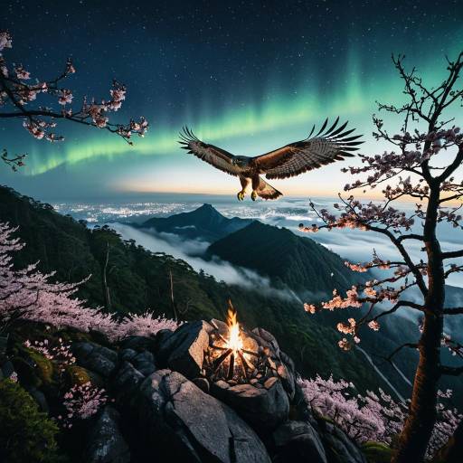 Soaring Hawk Over Misty Mountain with Aurora