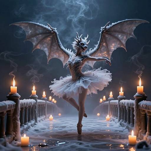Digital art of a dragon-bat hybrid ballerina with wings, white tutu, and horns, dancing on a icy bridge of candlelit pillars