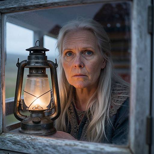 Photograph of a solemn, elderly woman with long white hair, blue eyes, and wrinkled skin, holding a lit lantern in a rustic window.