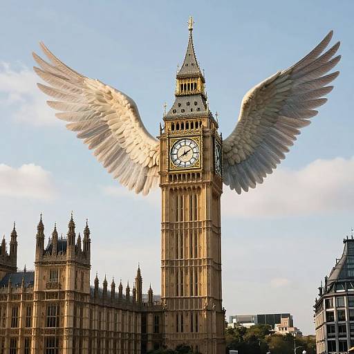 Photograph of London's Big Ben clock tower with large, white angel wings spread wide, set against a clear blue sky.