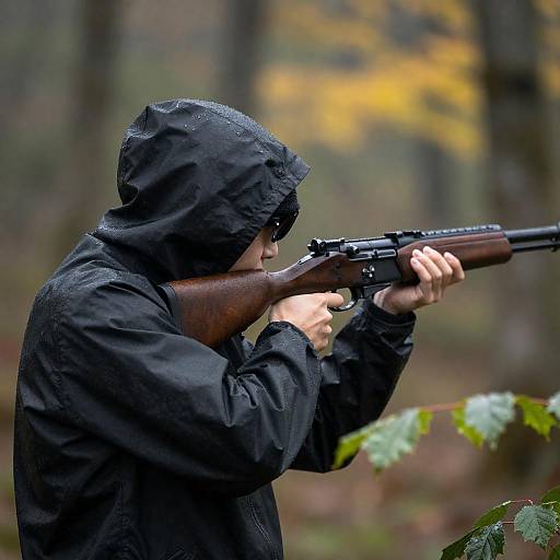 Person Aiming Rifle in Rainy Forest