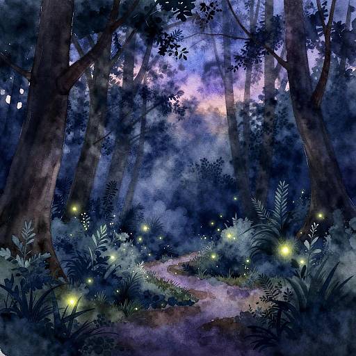 Mystical forest at night, digital painting, featuring glowing fireflies, dense blue and purple foliage, tall trees, and a winding path illuminated by