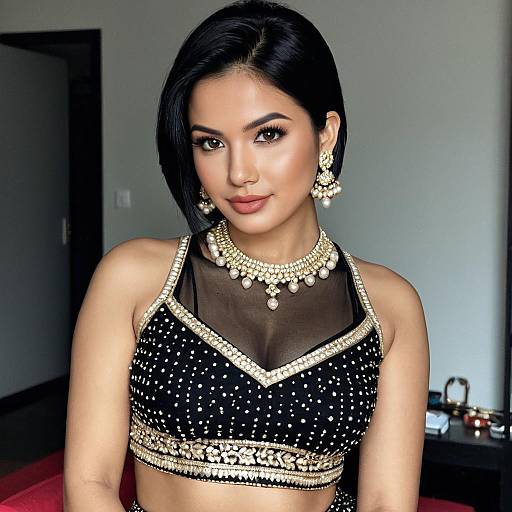 Woman in Black Embellished Crop Top Lehenga