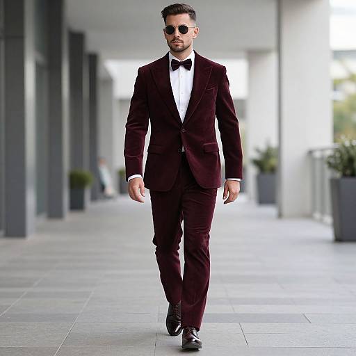 Photograph of a stylish man in a deep burgundy suit, black bow tie, white shirt, and sunglasses, walking down a modern, sunlit