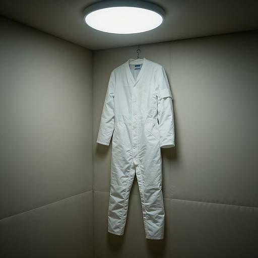 Photograph of a plain white, long-sleeved, button-up shirt hanging on a hanger in a dimly lit, gray-walled corner