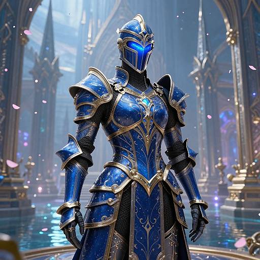 Photorealistic digital artwork of a blue and gold armored knight with a glowing blue visor, standing in a majestic, sunlit cathedral with floating petals