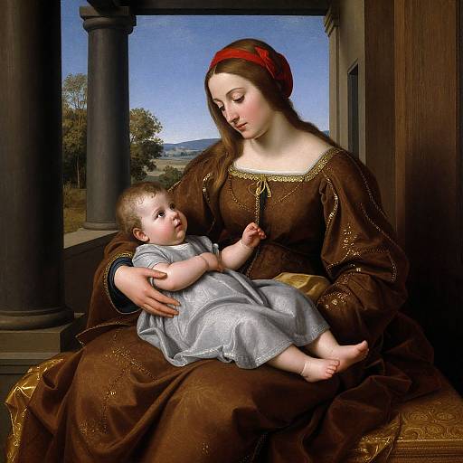 Renaissance painting of a fair-skinned woman with brown dress and red headscarf, cradling a baby in a light blue dress,