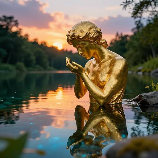 Golden statue of praying classical figure in serene lake, sunset sky with orange and purple hues, surrounded by trees. Photorealistic artwork.