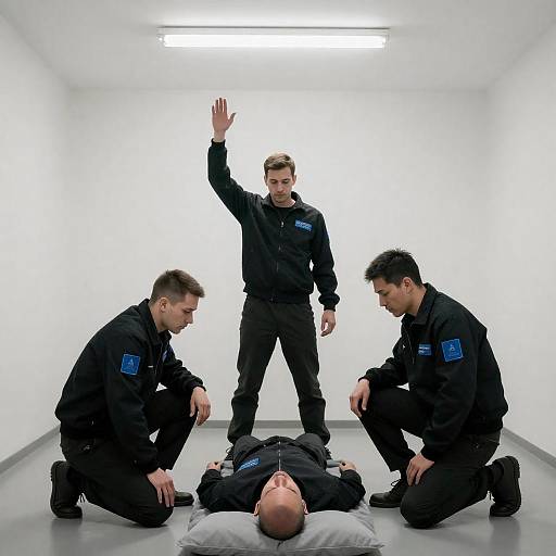 Fluorescent Room: Men Around Unconscious Man