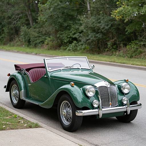 Photograph of a classic, green, convertible sports car with maroon leather seats, driving on a rural road with lush green trees in the background.