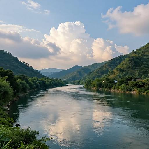 Photograph of a tranquil river winding through lush, green, forested hills under a partly cloudy, blue sky. Reflections of clouds in the calm