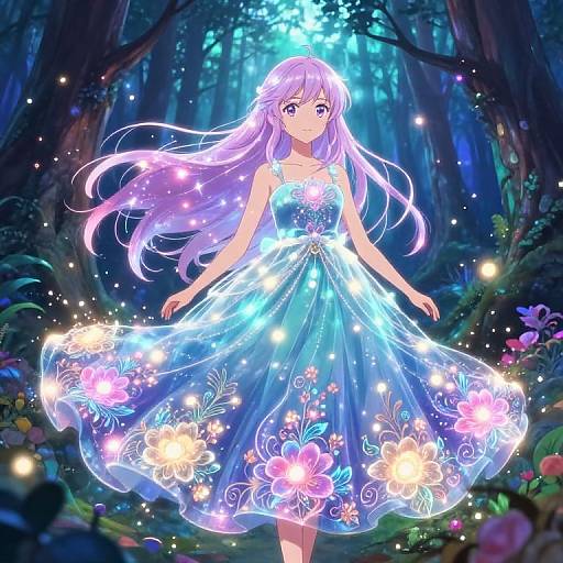 Anime-style digital illustration of a purple-haired girl in a glowing, ethereal blue dress with floral patterns, standing in a magical forest illuminated by lumines