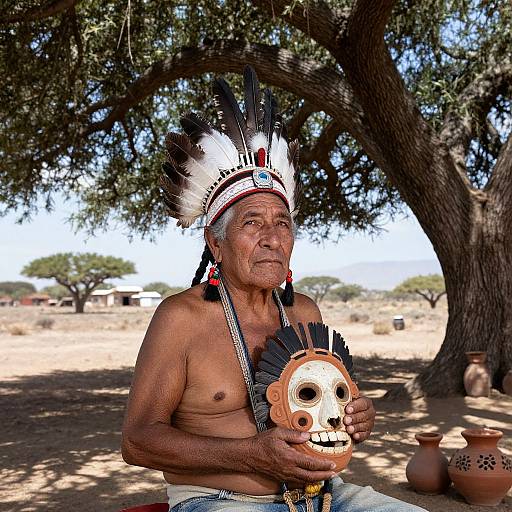 Photograph of an elderly Native American man with dark skin, wearing a traditional feathered headpiece, holding a wooden mask, seated under a large tree