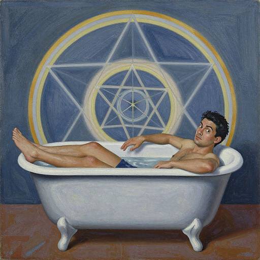 Painting of a shirtless, dark-haired boy with medium skin tone, lounging in a white bathtub, against a blue background with a glowing,