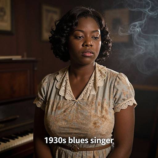 Photograph of a serious Black woman with short curly hair, wearing a floral, lace-trimmed dress, standing in a smoky, dimly