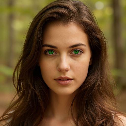 Photograph of a young woman with green eyes, long brown hair, and fair skin, standing in a blurred forest background.