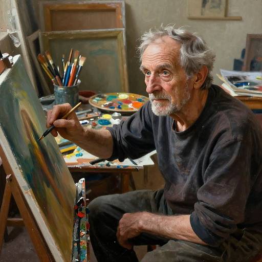 Photograph of an elderly white man with gray hair and beard, wearing a black shirt, painting intently in a cluttered studio.