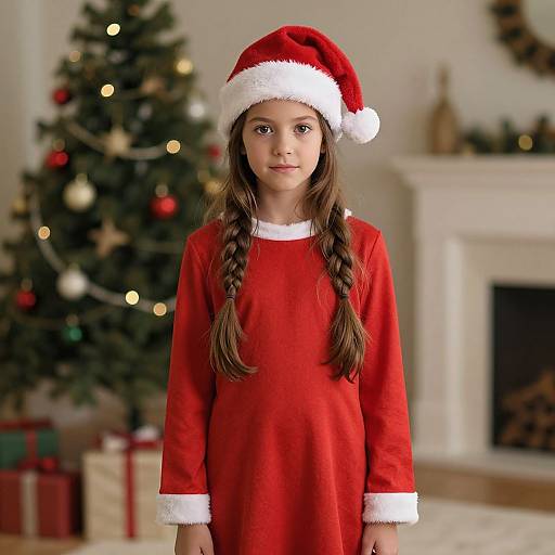 Photograph of a young girl with long brown braids, wearing a red Santa dress and Santa hat, standing in front of a decorated Christmas tree and