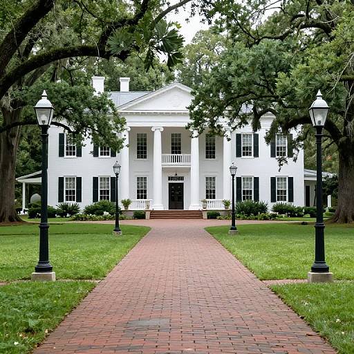 Photograph of a grand white colonial-style mansion with black shutters, centered in a lush green lawn, flanked by tall black lampposts