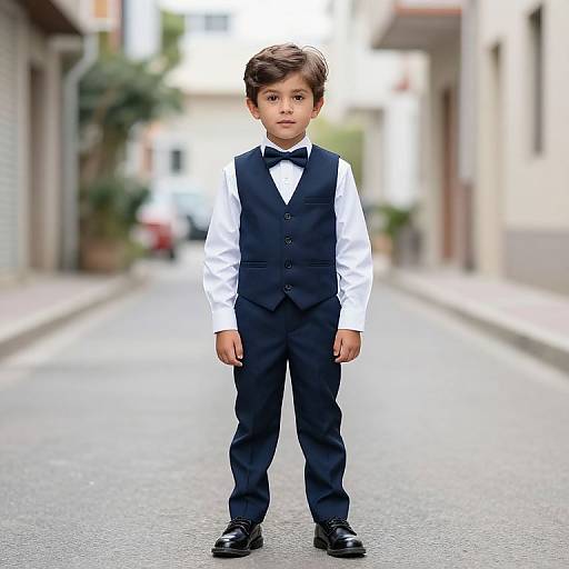 Photograph of a young boy with dark brown hair, standing on a narrow street in formal black vest, white shirt, bow tie, and black shoes