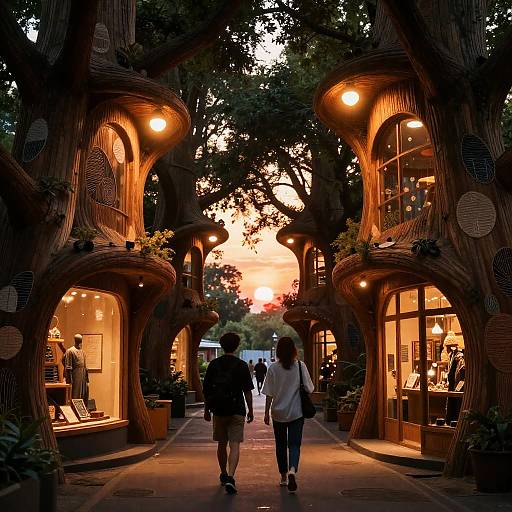 Friends Walking Between Futuristic Wooden Tree Shopfronts at Sunset