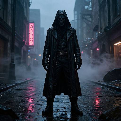 Photograph-style digital artwork of a hooded, skeletal figure in a long, wet, black coat standing in a foggy, neon-lit,