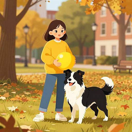 Digital illustration of a smiling young girl in a yellow sweater and blue jeans holding a glowing orange ball, standing beside a black and white Border Collie on