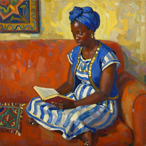 Vibrant oil painting of a dark-skinned woman in a blue and white striped dress, reading on an orange couch, with a blue headwrap