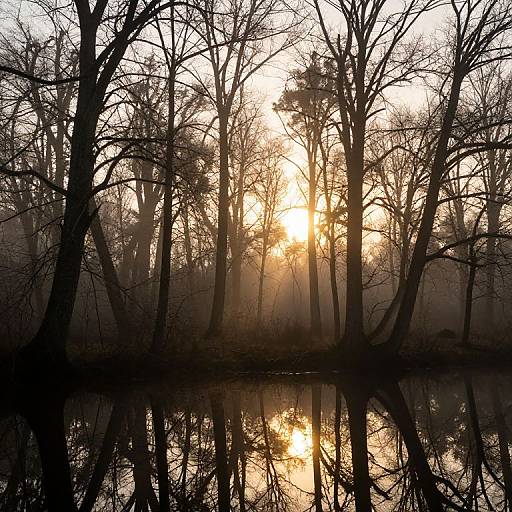 Photograph of a serene forest at sunset, with leafless trees silhouetted against a glowing orange sky, reflected in a still, dark water