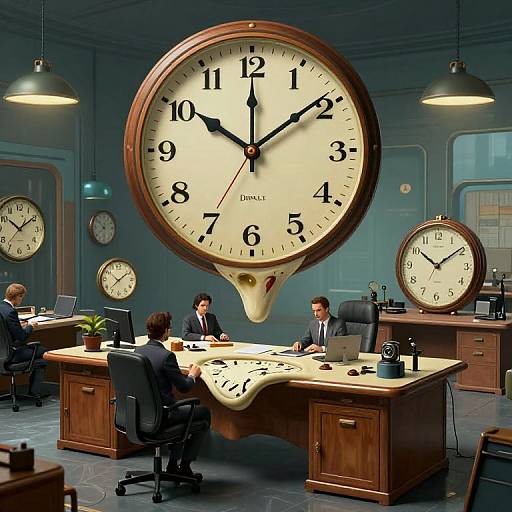 Photorealistic digital art of a modern office with four men in suits, large wall clock as a desk centerpiece, and smaller clocks on the walls.