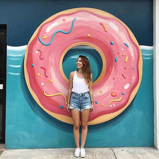 Woman Posing by Surfing Donut Mural