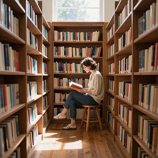 Photograph of a woman with curly brown hair, white shirt, and blue pants, sitting on a wooden stool between tall bookshelves, reading a
