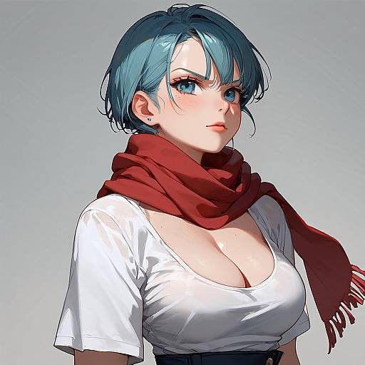 Anime Girl with Blue Hair and Red Scarf