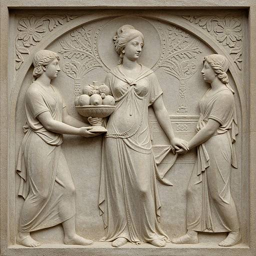 Photograph of a detailed, monochromatic stone relief depicting three ancient-style women in flowing dresses; central figure holds fruit basket, flanked by two