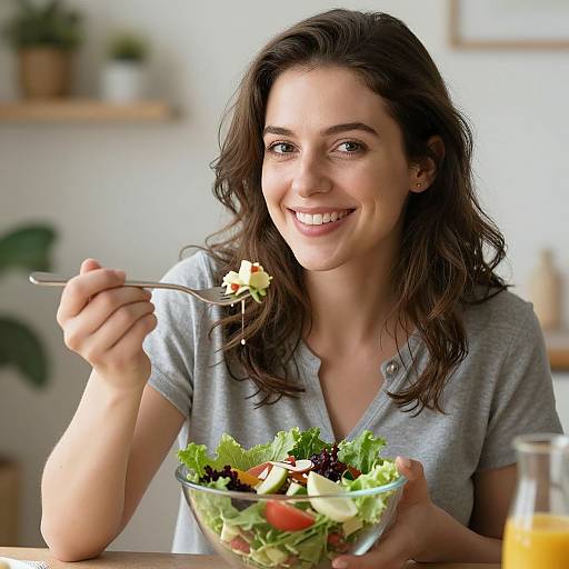 Photograph of a smiling brunette woman with wavy hair, wearing a gray V-neck shirt, eating a fresh salad with mixed greens, tomatoes, and
