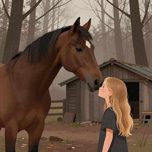 Blonde Girl and Horse in Forest