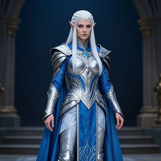 Digital art of an elf woman with white hair, pointed ears, and blue eyes, wearing silver and blue armored medieval attire, standing in a dark,