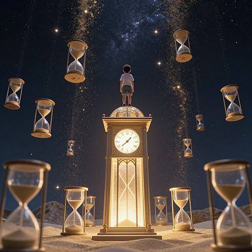 Photograph of a boy standing on a glowing clock tower with floating hourglasses against a starry night sky, surrounded by sand.