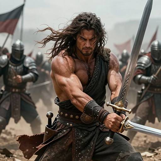 Muscular, shirtless warrior with long dark hair and intense expression, holding a sword, surrounded by armored soldiers in a dusty battlefield. Photorealistic