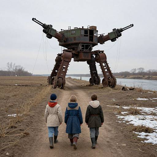 Soviet Children Near Rusty War Machine