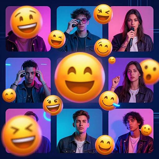 Photograph collage of five young people with varied expressions, wearing denim jackets, against pink and blue neon backgrounds, surrounded by smiling emoji faces.