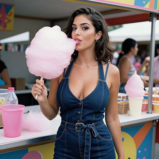 Photograph of a dark-haired woman with medium breasts, wearing a deep V-neck denim dress, licking a pink cotton candy at a colorful food stand.