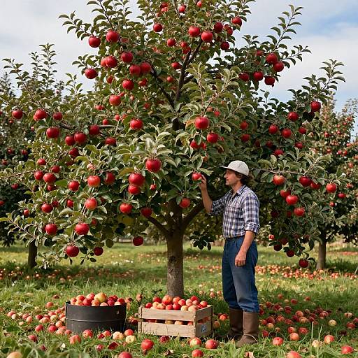 Photograph of a farmer in a plaid shirt and hat, picking apples from a tree in an orchard, with baskets of apples on the grass