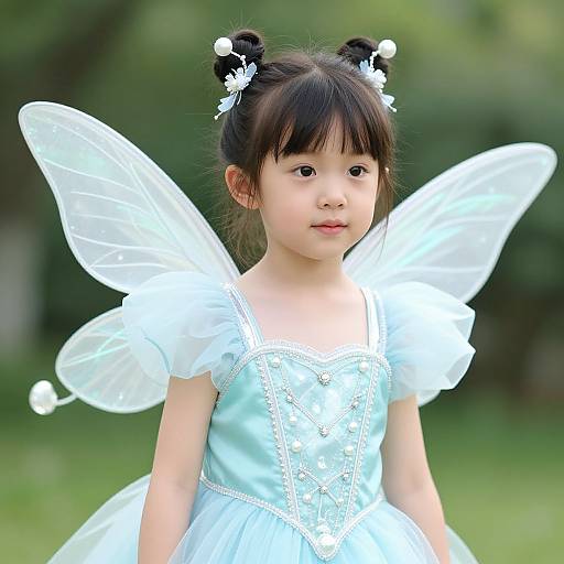 Photograph of an adorable Asian girl with black hair in buns, wearing a light blue fairy dress with white wings, standing in a green, blurred