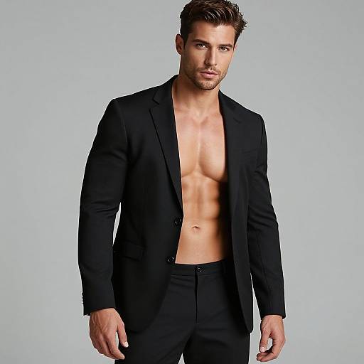 Photograph of a muscular, handsome man with short brown hair, wearing an open black suit jacket, exposing his toned, bare chest, against a plain