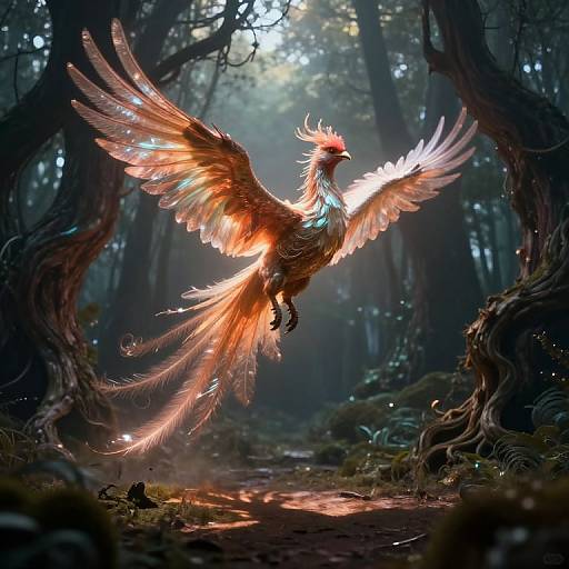 Digital artwork of a glowing, phoenix-like bird with radiant wings and feathers, soaring through a mystical, sunlit forest path.