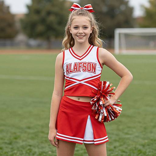 Photograph of a young Caucasian cheerleader with blonde hair, wearing a red and white 